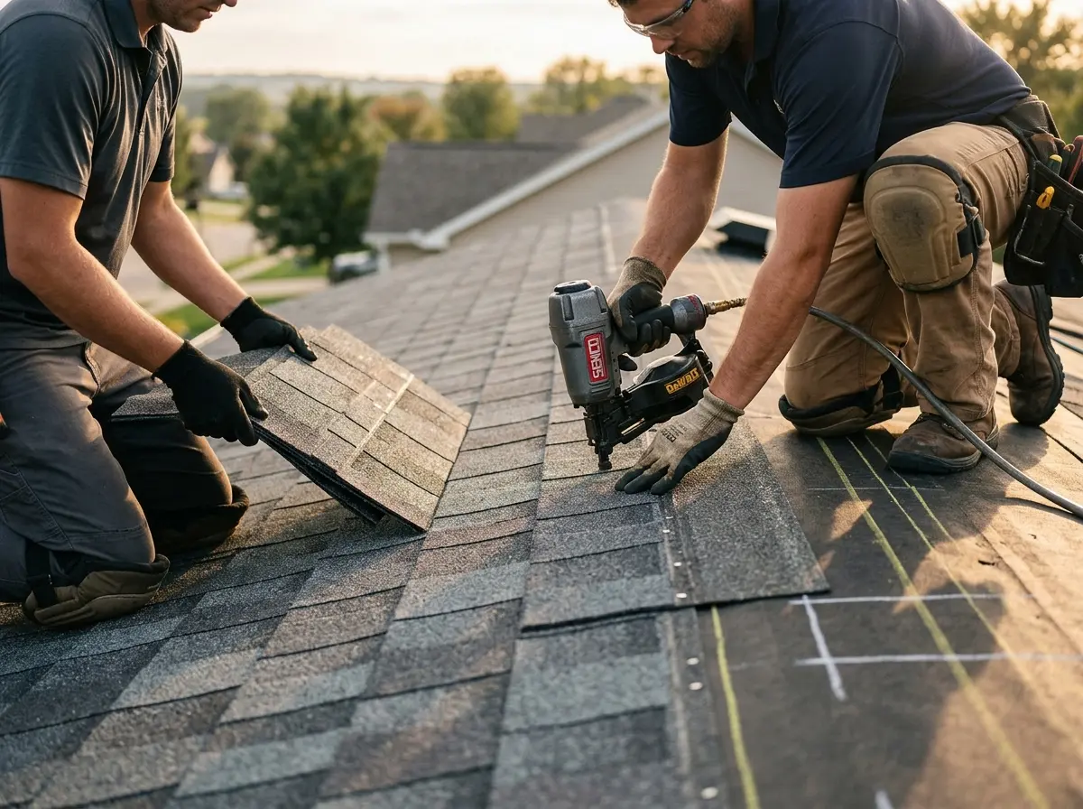 Professional roofer working on a residential roof in Otsego